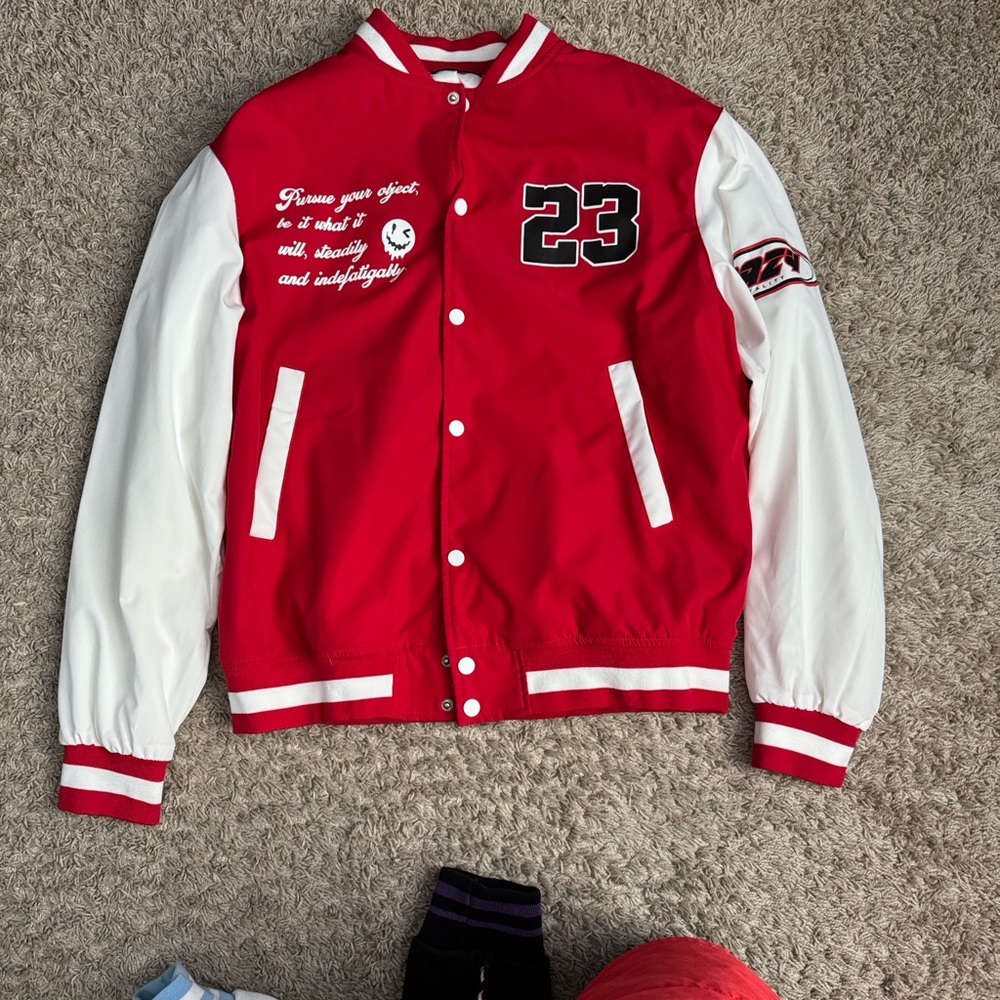 SHEIN Red and White Varsity Jacket